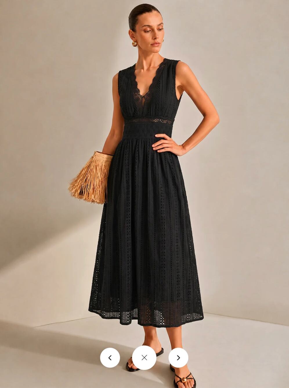 Commense Black Eyelet Lace Midi Dress with V-Neck